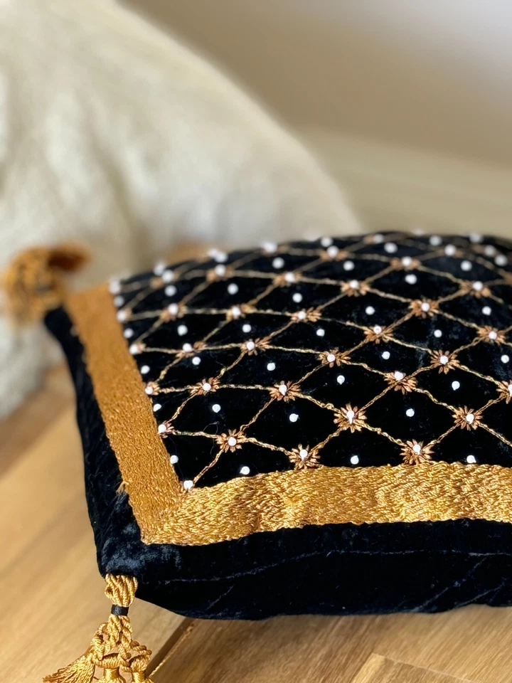 Luxury Black Gold Moroccan Style Handmade Embroidered 10" Filled Cushion - Image 4 of 4