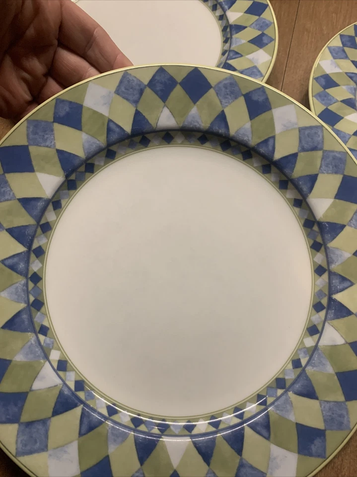 3 platos de cena Royal Doulton Carmina arlequín, diamantes azules/verdes/blancos [bin7 Foto 3 de 4