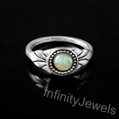 925 Sterling Silver Round Natural Ethiopian Opal Gem Bezel Ring Jewelry