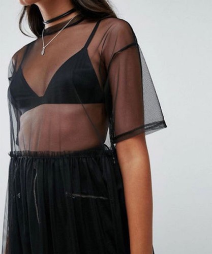 BLACK SHEER DRESS Tulle Dress Mesh Midi Dress Overall Sheer T-shirt Long Top - Picture 9 of 11