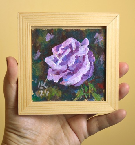 Framed Lavender Rose Painting Original Rich Green Abstract Background - Picture 4 of 7