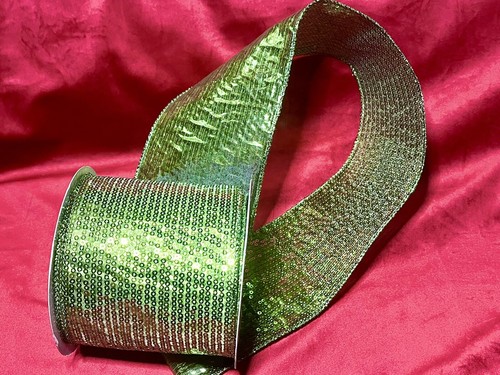 Christmas Green Sequin like, Wired Matrix RIBBON (4” Wide) (10 Yards) - Picture 6 of 7