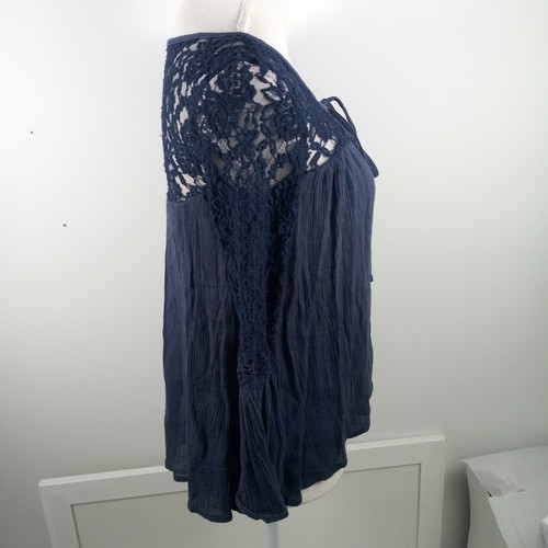 MUDD Bohemian Peasant Top Extra Small Blue Bell Quarter Sleeves Crochet & Lace - Picture 4 of 13