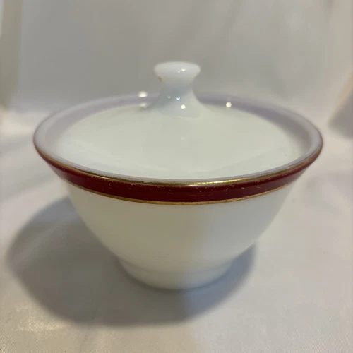 Vintage Pyrex Red Border Gold Band Milk Glass Sugar Bowl w/ Lid