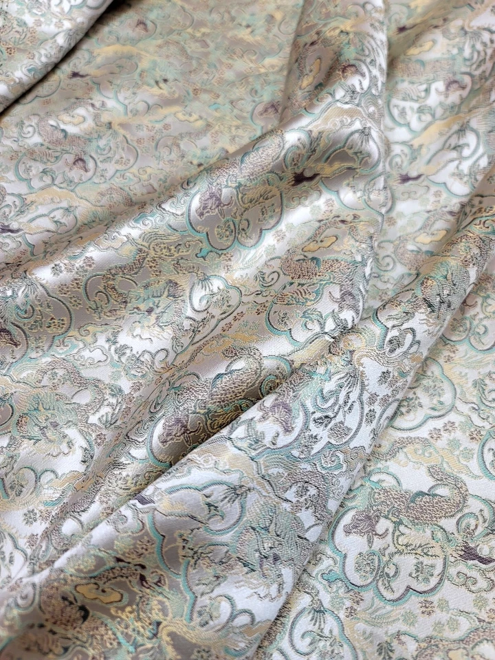 Tecido brocado jacquard padrão asiático por jarda bege sálvia para estofamento social - Imagem 2 de 4