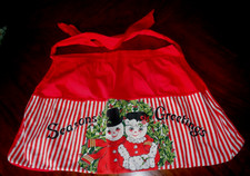 VINTAGE CHRISTMAS HALF APRON SNOWMEN SEASONS GREETINGS RED WH STRIPE HOLLY LEAF