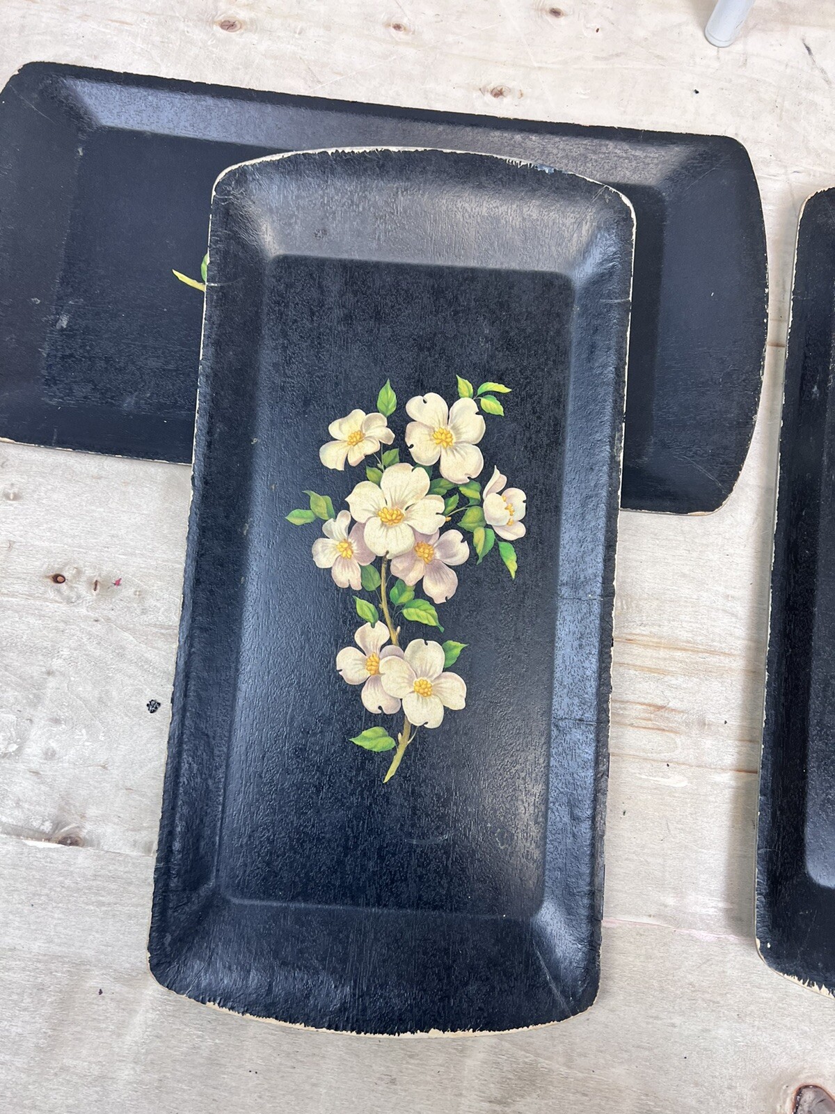 Kentley vintage Wooden Lap Buffet Tray Black Floral Lithograph Set Of 4 eBay