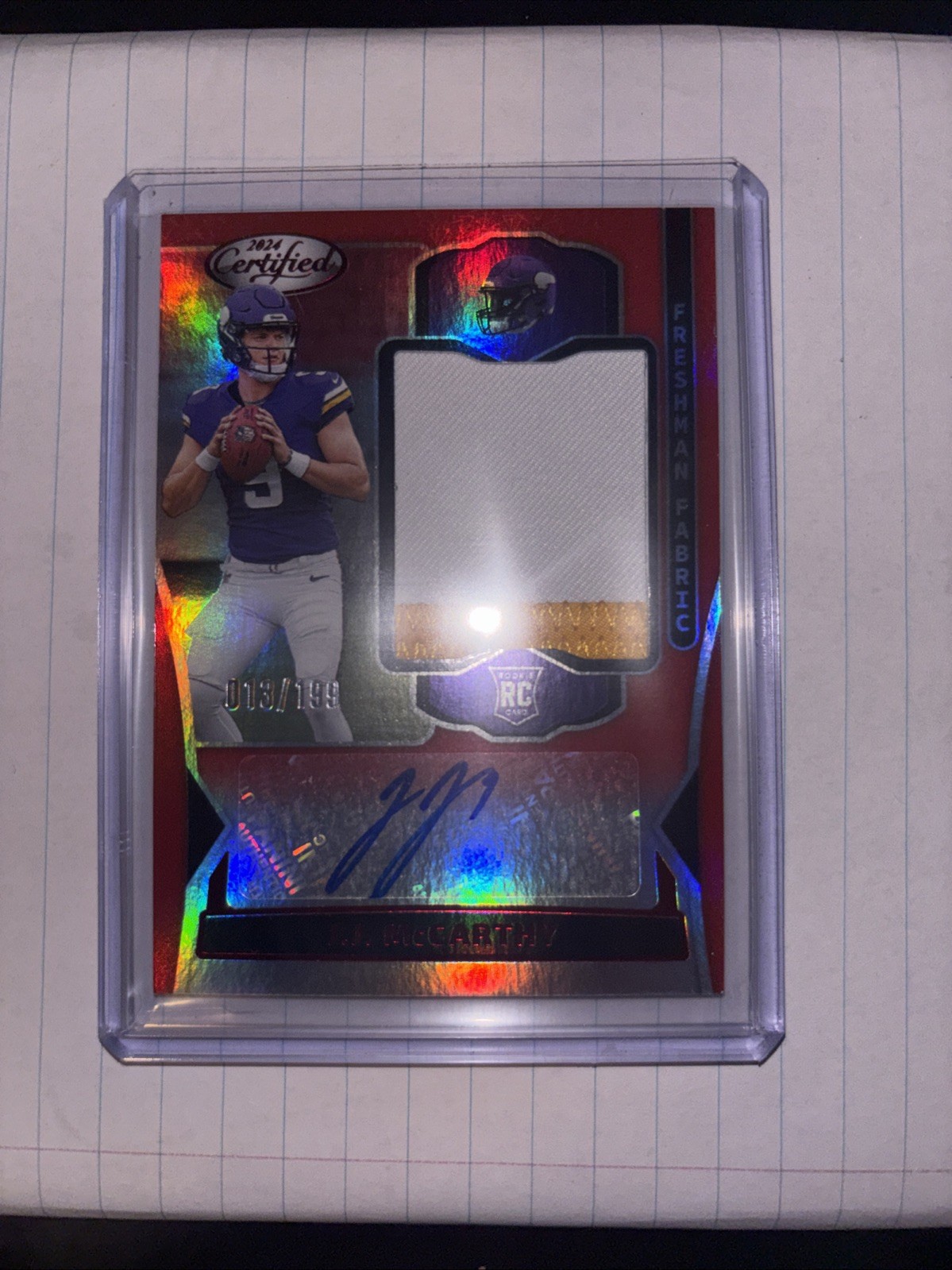 2024 Certified JJ McCarthy Freshman Fabric Mirror RC Patch Red Auto /199