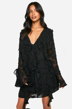 Ladies Boohoo Black Dress Size 14 V Neck Ruffled Long Sleeved Floral Flare Cuff