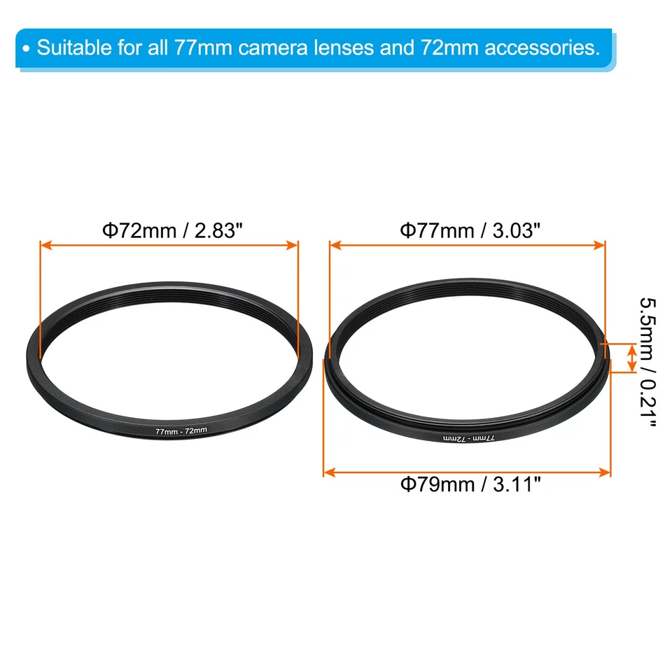77mm-72mm Metal Step Down Ring, Camera Lens Filter Adapter Ring Black - Изображение 2 из 4