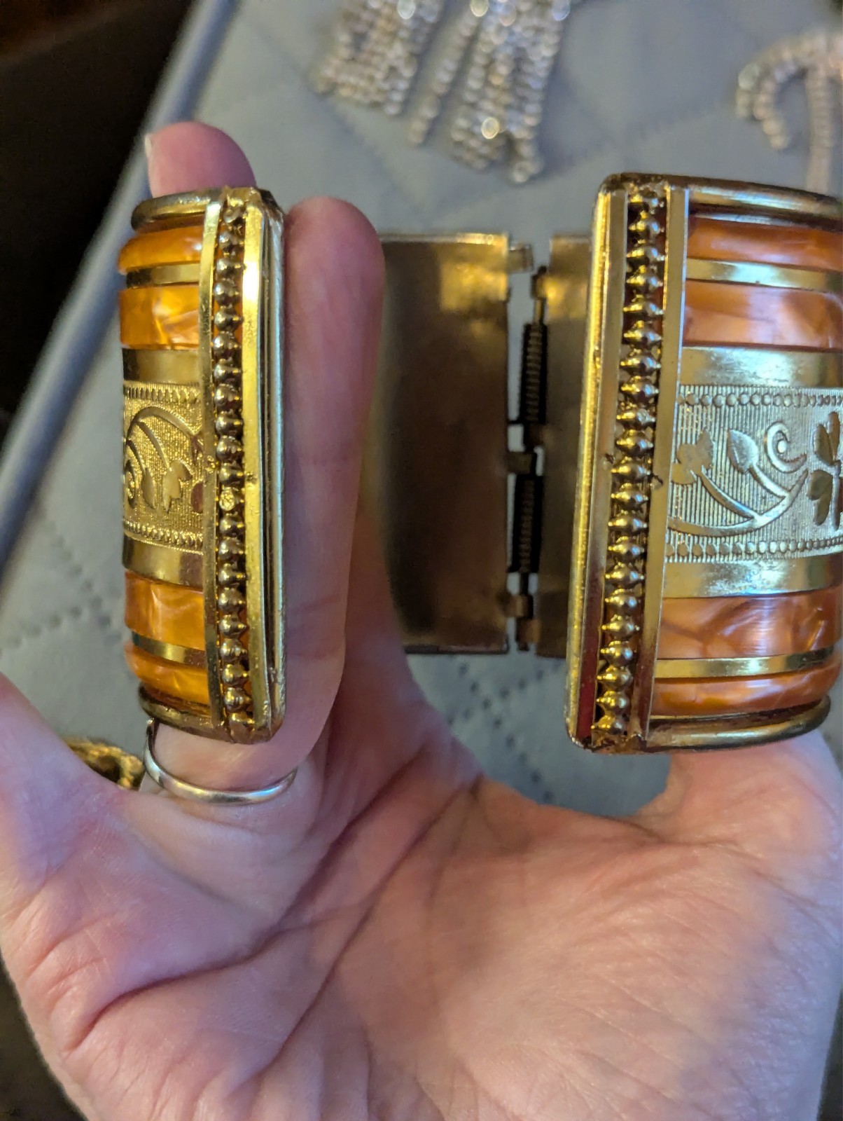 Bracelet Bangle Cuff Hinged Spring Orange Gold To… - image 8