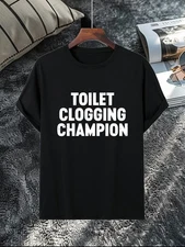 TOILET CLOGGING CHAMPION Men's Humorous Graphic Print T-Shirt - Dark Gray Casual