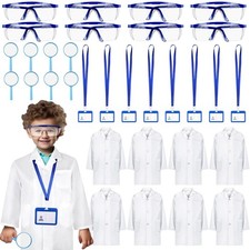 8 Set 32 Pcs White Kids Lab Coats Bulk Included Goggle Magnifying Glass ID Ca...