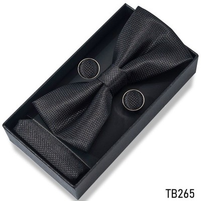 Schwarze Satin Fliege, Manschettenknöpfe, Einstecktuch Set gewebt formell Abschlussball mit Geschenkbox 