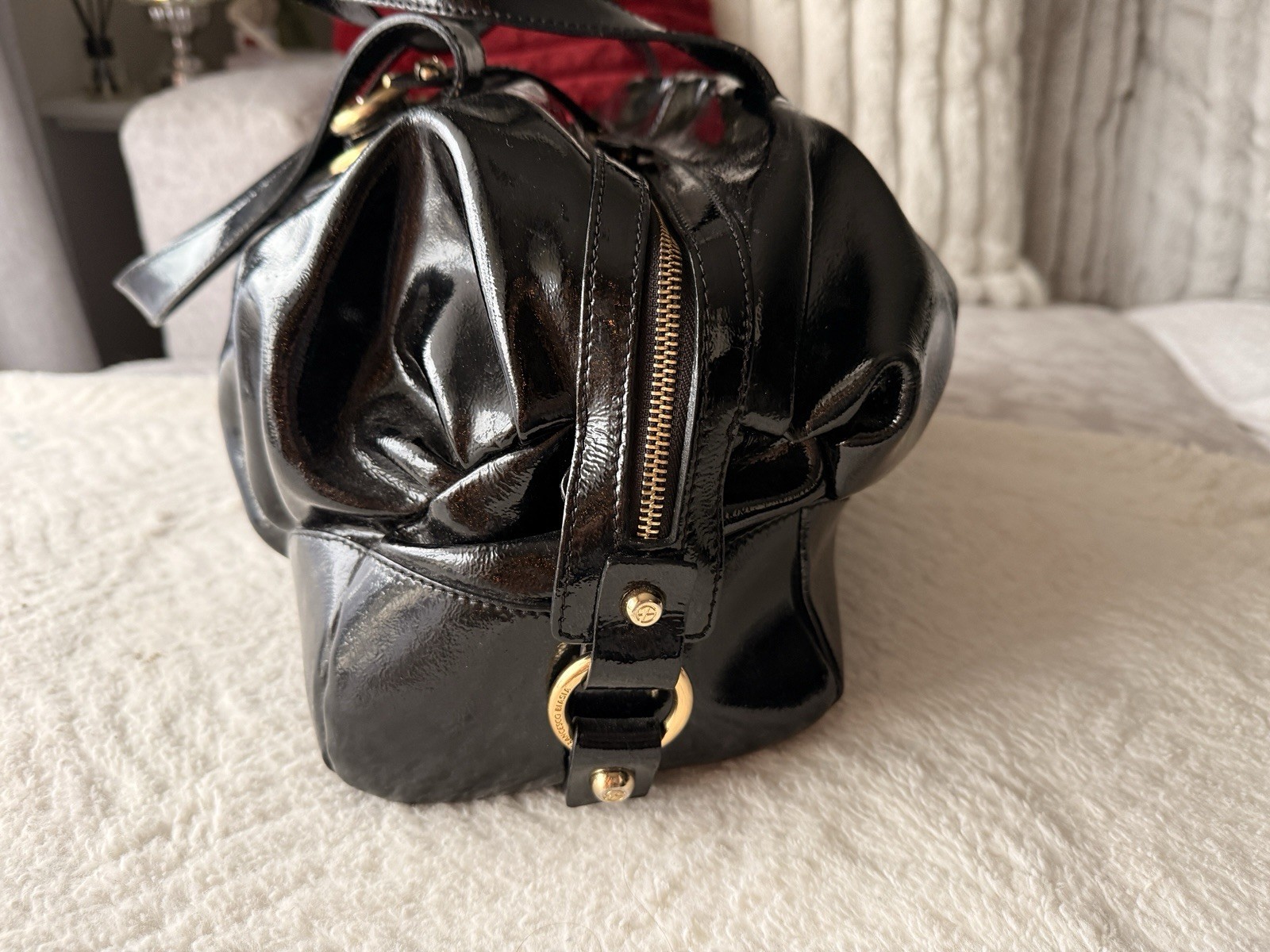 Francesco Biasia Black Patent Leather Scrunch Hobo Tote Bag
