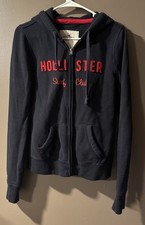 Y2K Hollister Women's Navy Blue Surf Club Long Sleeve Hoodie Full Zip Size M
