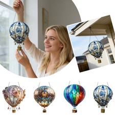 20cm Steampunk Hot Air Balloon Acrylic Hanging Ornament, 2D Solar-Powered Flame