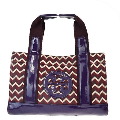 Tory Burch Ella Chevron Tote Purple Patent Leather Canvas Zig Zag Hand Bag