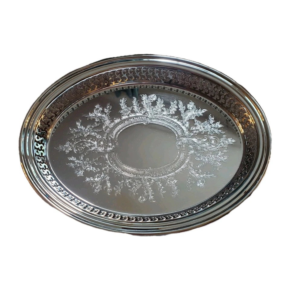 Bandeja de galería ovalada Oneida Ridgewood con caja plateada 10 3/4" aniversario de boda Foto 2 de 4
