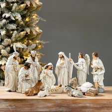 Glitzhome 12Pcs Ivory Resin Nativity Figurines Set Christmas Nativity Sets Ta...