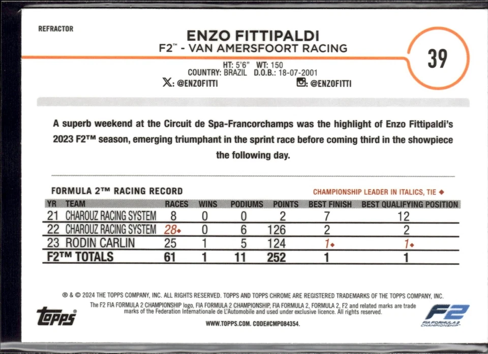 2024 Topps Chrome Formula 1 F1 Base Refractor #39 Enzo Fittipaldi  - Image 2 of 2