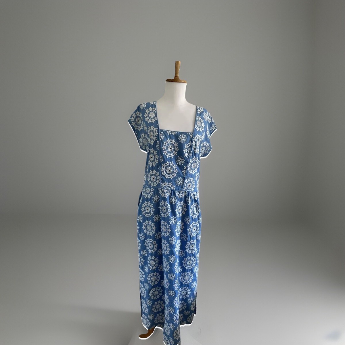 Wrap Poetry) Blue White Chambray Look Maxi Anglaise Pattern Dress Uk 14