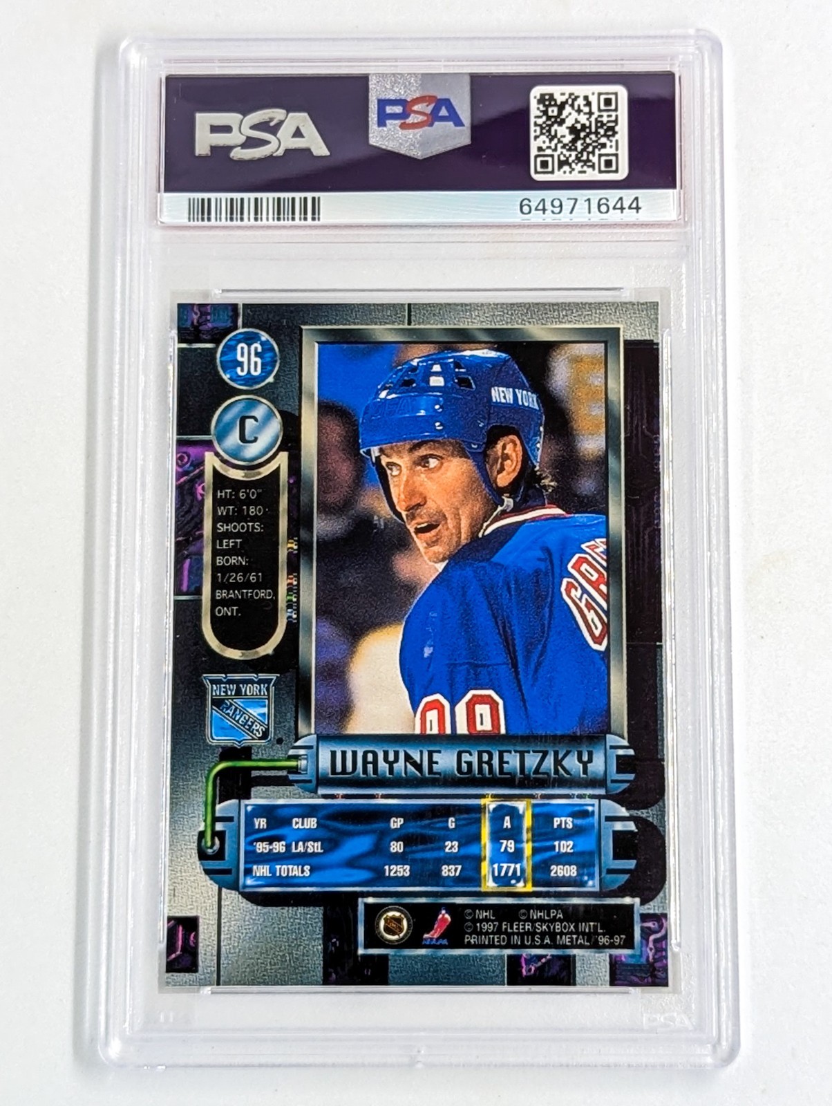 1996-97 Metal Universe Hockey #96 Wayne Gretzky PSA 9 New York Rangers HOF view 2
