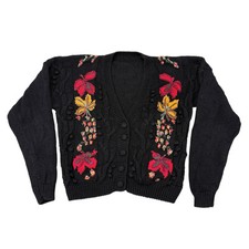 Vintage Cardigan Sweater Sz M Floral Embroidered Grandmacore Cottagecore 3D Knit