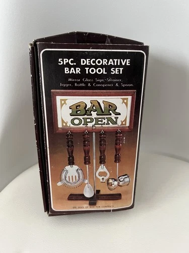 Vintage Antique 5 Piece Decorative Bar Tool Set Cocktails “Bar Open” Barware