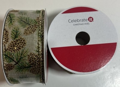 Celebrate It Christmas Wired Ribbon Pinecones Lot of (2) 1.5'' Rolls Burlap Style