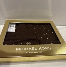 NEW Authentic Michael Kors 2-PC Gift Set Studded Hat  Scarf Brown Acrylic