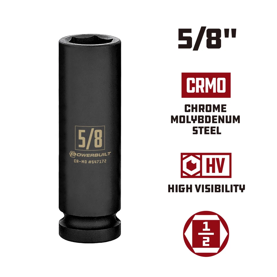 Powerbuilt 1/2 Inch Drive x 5/8 Inch 6 Point Deep Impact Socket - 647172 - Image 2 of 4