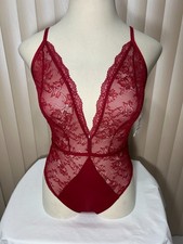 INC International Concepts Wireless Thong Bodysuit M Plunge Sheer Lace Teddy Red