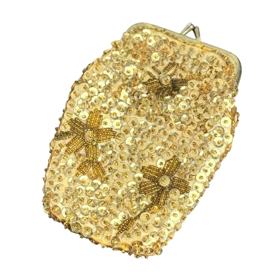 Женские винтажные золото блестками монета сумочки с бисером спереди цветок деталь и застежка - Изображение 2 из 4