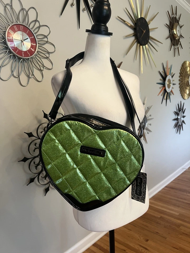 NEW Rock Rebel Frankenstein Studded Heart Shaped Green Glitter Bag Crossbody - Image 2 of 4