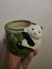 Vintage Panda Bear Hanging On Green Bamboo Ceramic Vase Planter Pottery