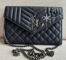 Saint Laurent Mixed Matelasse Grain de Poudre Embellished Monogram Chain Wallet