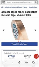 Copper tape) Advance Tapes At526 Conductive Metallic Tape 25mm X 33m RS 542-5511
