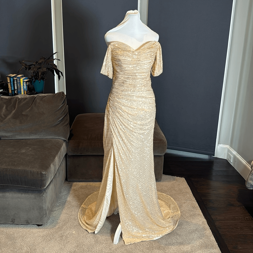 Women's Gold Sequined Off the Shoulder Prom Party Dress Leg Slit Zip Back  Size 2 | eBay