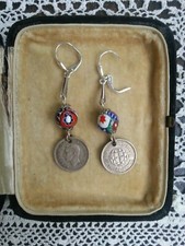COINS EARRINGS  George VI three pence + Italy Ercole Moretti millefiori beads 