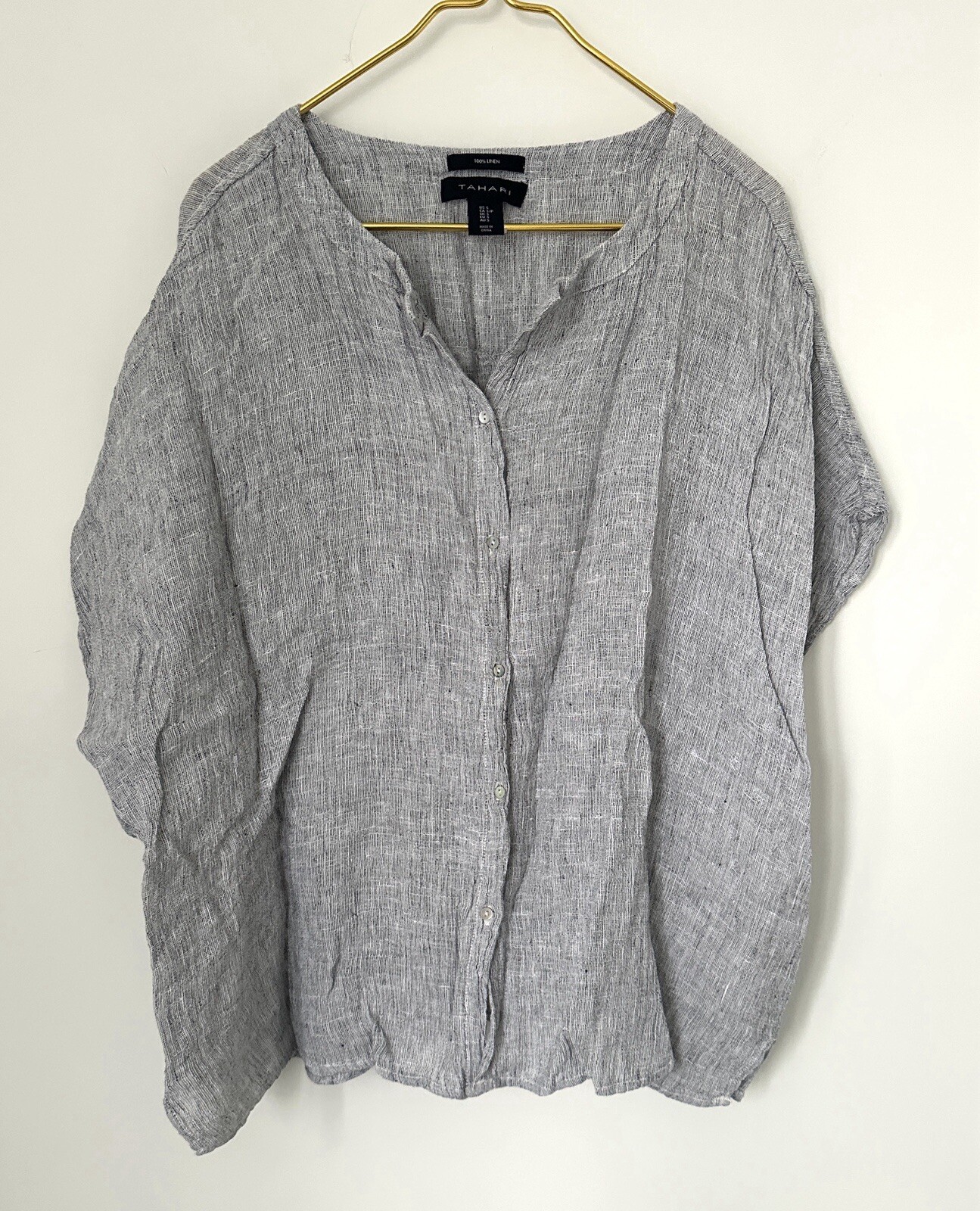 Tahari Blue Gray 100% Linen Lagenlook Oversized Boxy Tunic Top Women’s Small