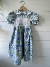 VTG Dress Girls Sz 6X Cottage Core Prairie Smocked Floral Lace Spring Easter