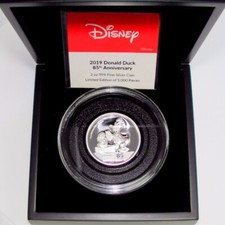 2019 Donald Duck 85 Years 2oz 999 Silver Ultra High Relief Coin Disney NZ CS
