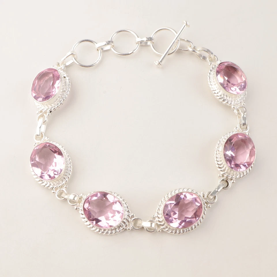 Pulsera de plata de ley 925 con cadena de piedras preciosas de morganita natural rosa Foto 3 de 4