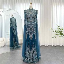 Elegant High Neck Mermaid Evening Dresses Beaded Sequins Split Sleeve Prom Gowns