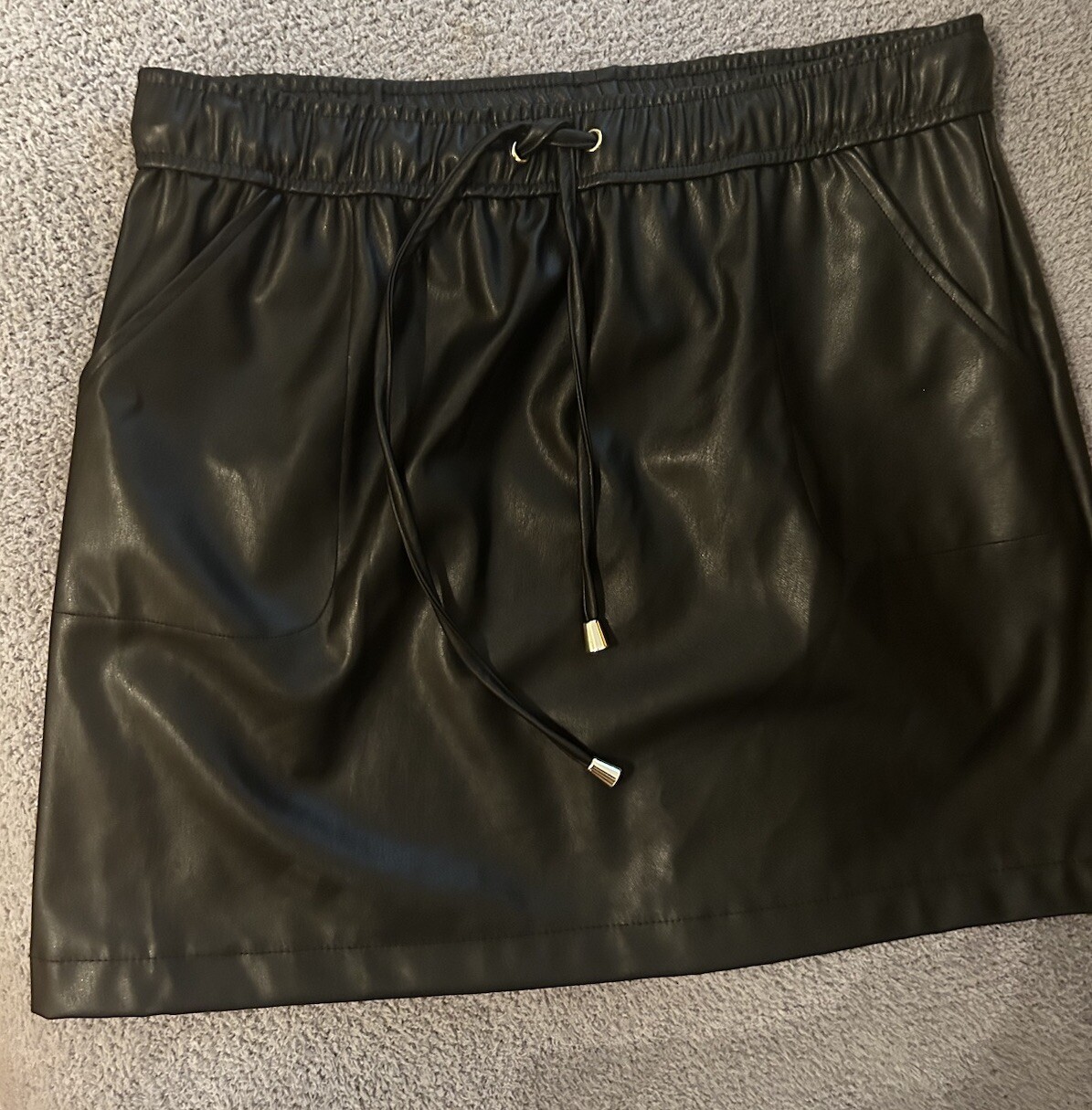 Faux Leather Black Mini Skirt with Drawstring Tie - Size Large-image