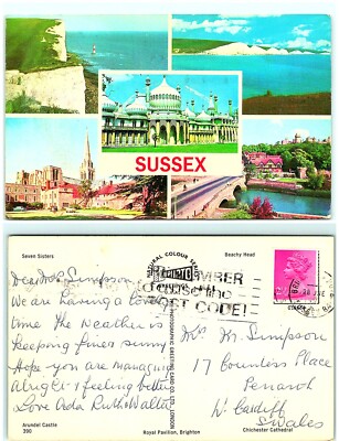 S03-6936, MULTIPLE VIEWS SUSSEX, UK 1970S POSTMARKED, POSTCARD