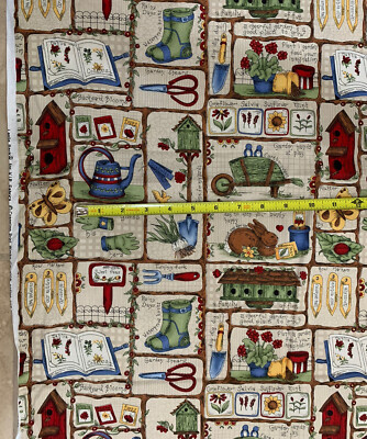 Leslie Beck Cranston Backyard Garden Gardening Tools Flowers Fabric BTY 44 x36 