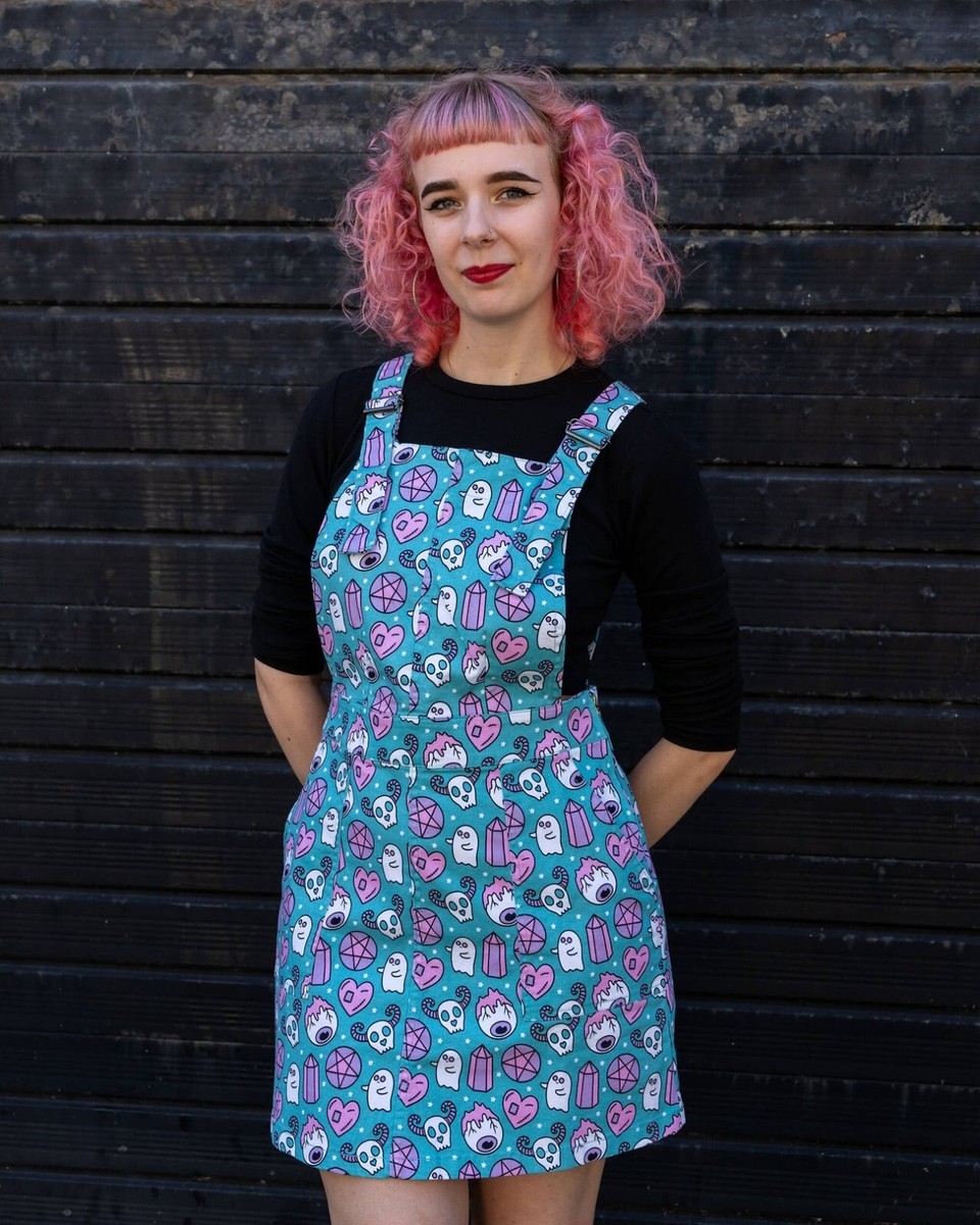RUN AND FLY Pretty Spooky Print Dungaree Pinafore Dress 8-26