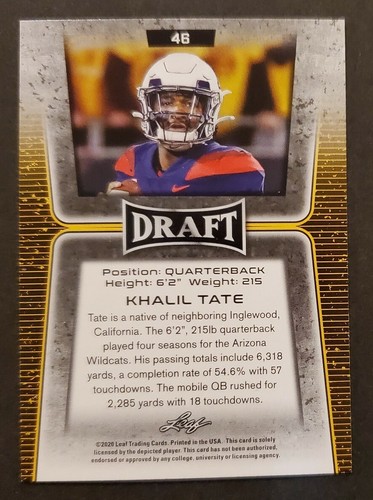 2020 Leaf DRAFT #46 Khalil Tate RC Arizona / EAGLES Rookie football card NM/MT - Picture 2 of 2